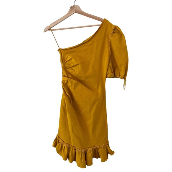Jonathan Simkhai One Shoulder Denim Ruffle Mini Dress 10 Yellow Asymmetric‎ - Picture 15 of 16